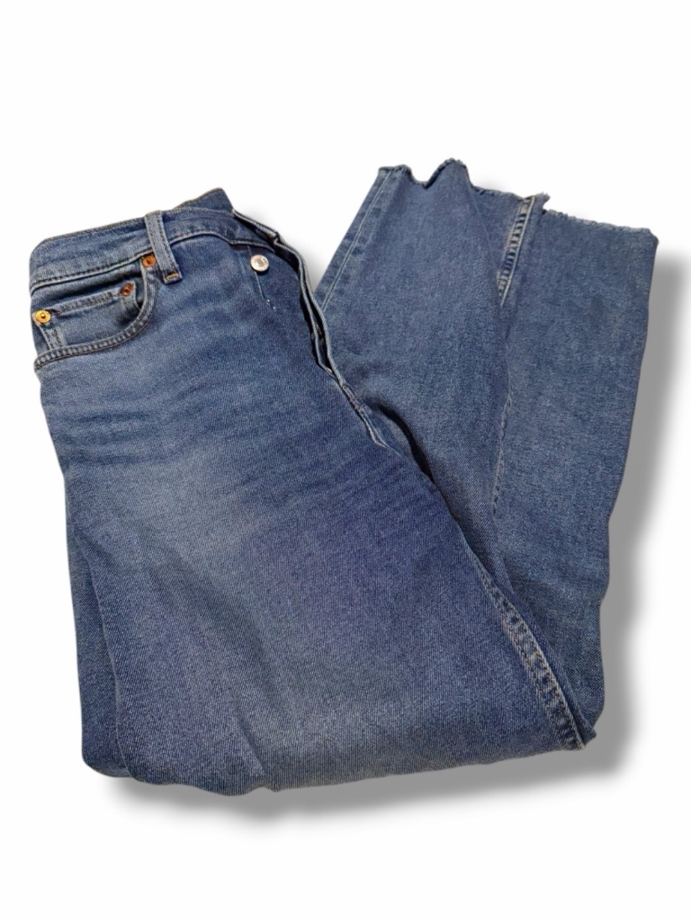 Re Done High Rise Stove Pipe Jeans Size 27 Button Fly Raw Hem Medium Wash